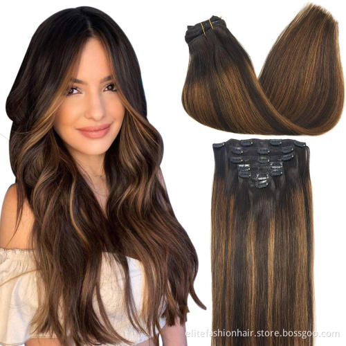 Clip in Human Hair Extensions, 18 Inch 120g 7pcs Dark Brown to Chestnut Brown Balayage Hair Extensions Clip In Human Hair